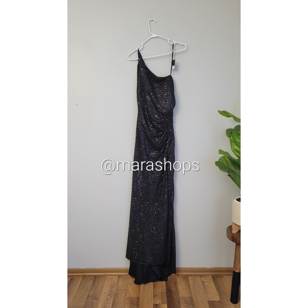 La Femme Sequin Gown with One Shoulder Top and Open Back Dress - Picture 3 of 7